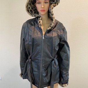 Leather Jacket with faux Leopard print lining
